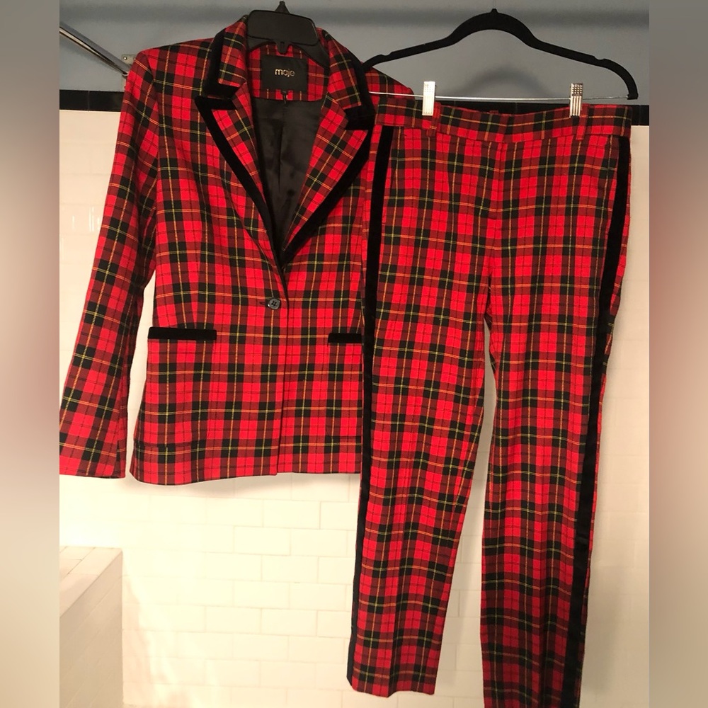 Maje red and black plaid 2 piece suit trimmed in black velvet. Perfect holidays